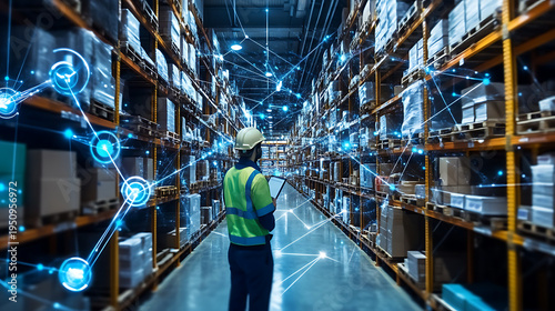Worker walks aisle between high shelves. Blue digital lines connect boxes and racks. Smart warehouse system visible through glowing nodes. Modern logistics technology enhances efficiency