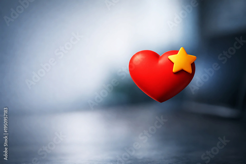 Red heart with yellow star on blurred background 3D heart floating heart