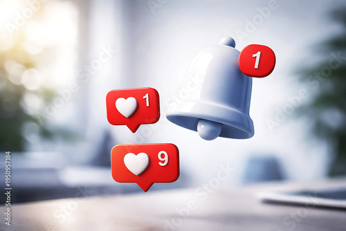 White bell with red notification badges and heart symbols floating above a blurred office desk