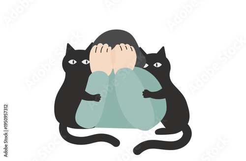 両脇からべったりひっついてくる２匹の黒猫と動けない飼い主