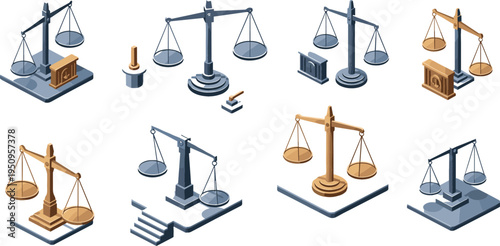 Isometric Justice Scales Icon Set with Law Balance Symbols, Court Authority Elements, and Legal Equality Graphics for Attorney Services and Judicial System Design