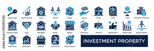 Investment Property icon set collection pack web banner. containing Rental Yield, Capital Growth, Asset, Equity, Rental, Income, Tenant