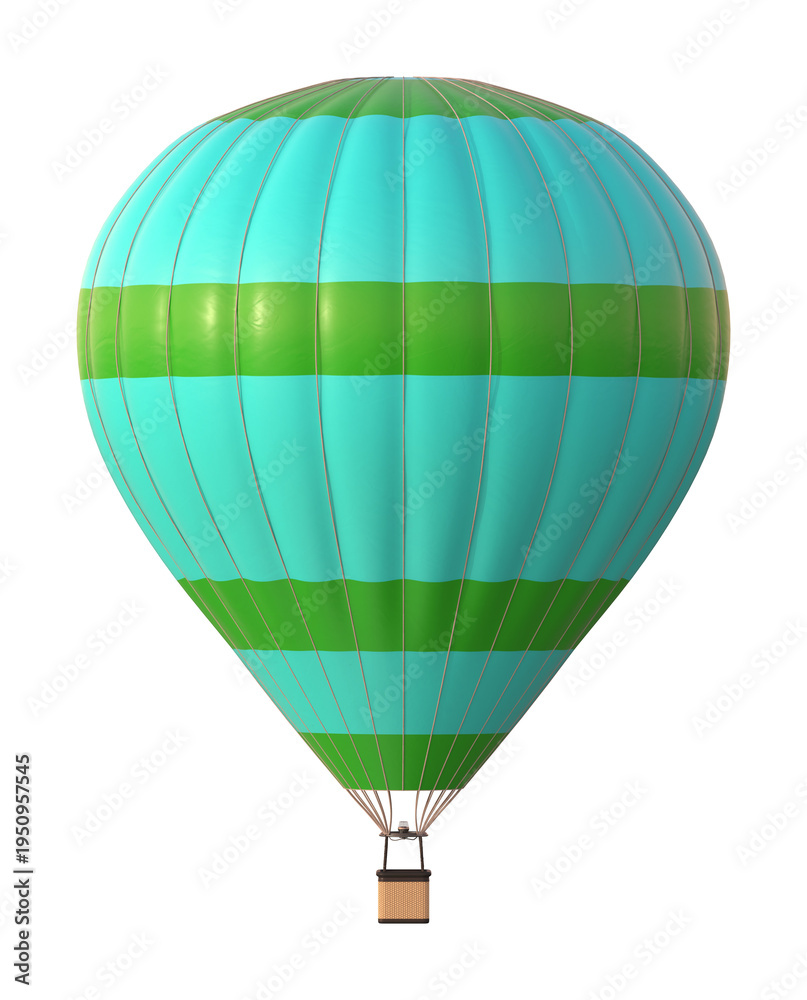 Fototapeta premium Green and Teal Hot Air Balloon with Stripe Pattern on White Background 3D Render