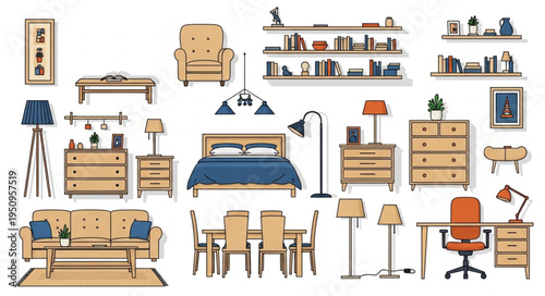 Collection of modern furniture for home interior design.