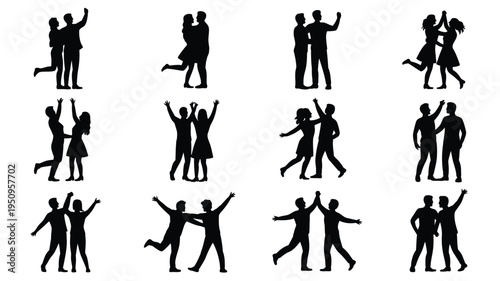 Playful happy couple silhouettes dancing and having fun together in various poses