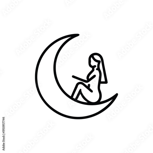 Woman Sitting On Crescent Moon Line Art
