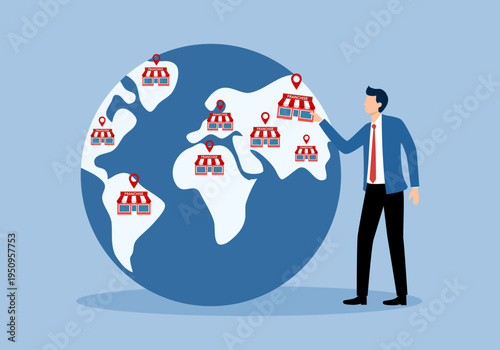 Franchise business expansion around the world concept in flat design vector illustration. Global business owner.