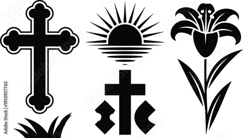 Christian religious vector set featuring a traditional cross with grass, a rising sun over a cross, and an Easter lily.