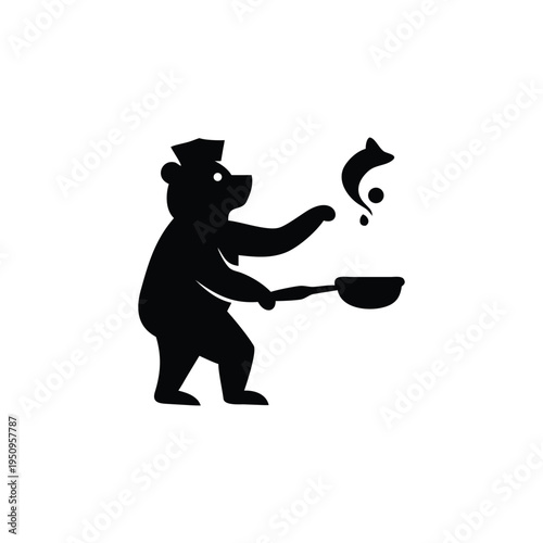 Whimsical Chef Bear Cooking Fish Silhouette Logo