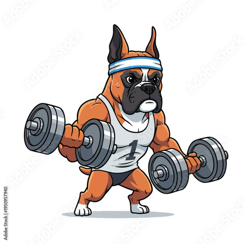 Muscular boxer dog with headband and dumbbells working out