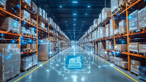 Modern warehouse with tall shelves and digital overlay. Boxes line rows under bright industrial lighting. Blue glowing network connects shelves and central display
