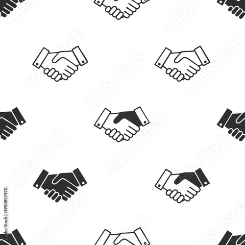 A repeating pattern of handshake icons, some filled, some outlined, on a white background