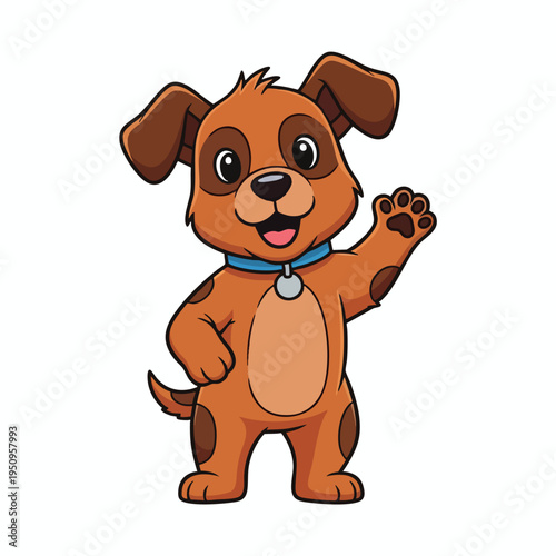 Adorable cartoon puppy with brown fur and blue collar, happily waving