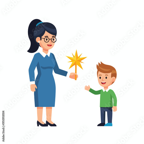 Woman in blue dress gives boy a golden star
