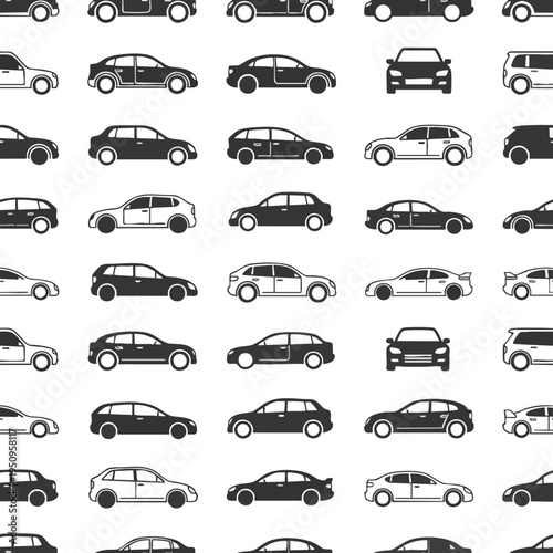 Repeating pattern of varied car silhouettes on a white background