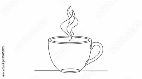 Continuous line drawing of a steaming hot beverage cup, minimalist design for coffee or tea