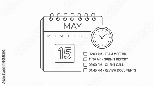 Detailed Daily Business Schedule Outline with Calendar, Clock, and Task List Icon