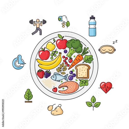 Plate with healthy food and icons representing fitness, nature, and rest