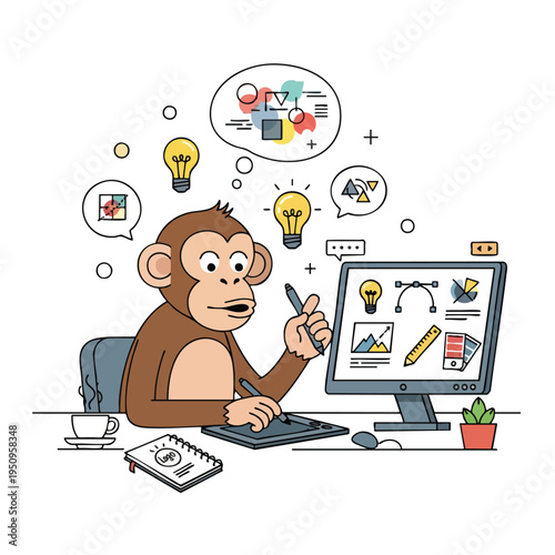 A monkey works at a computer and digital drawing tablet, surrounded by design elements and ideas