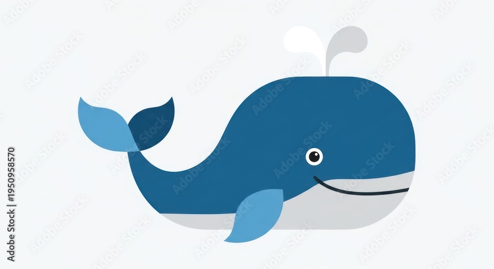 Fototapeta premium Cute Blue Whale Character with Water Spout, Cartoon Style, Vector Illustration