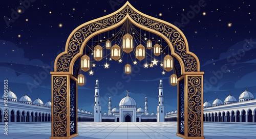 Ornate islamic archway with lanterns and stars at night in a mosque courtyard