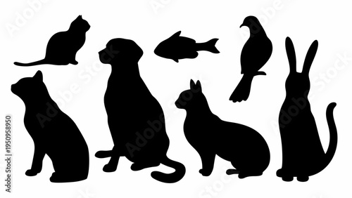 Black silhouette vector set of pets sitting including dog cat rabbit bird and fish on white background