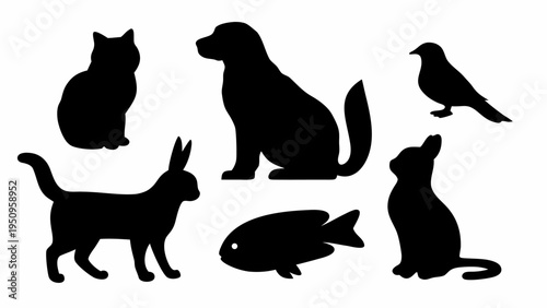 Black silhouette vector set of pets sitting and standing on white background