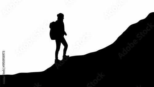 Hiker standing on mountain peak with backpack adventure travel silhouette