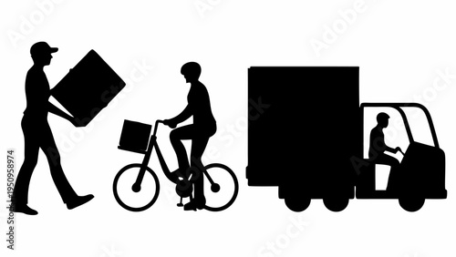 Black silhouettes of delivery workers with truck bicycle and boxes on white background for logistics