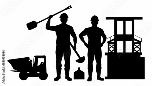 Two construction workers with tools and equipment on a building site at night