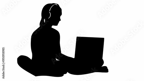 Black silhouette of a woman with headphones using laptop for online learning at home