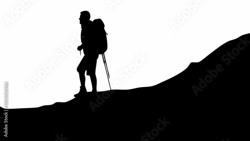 Hiker silhouette standing on mountain peak with trekking poles and backpack adventure travel concept