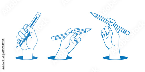 Three blue line of hands holding pencils line stationery writing in white background.