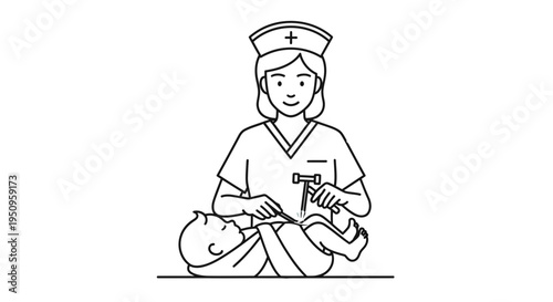 Nurse caring for newborn baby, medical checkup, illustration