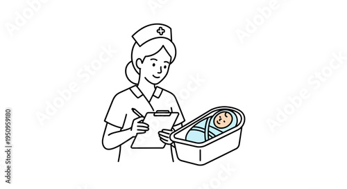 Nurse Checking Newborn Baby in Bassinet, Medical Checkup, Healthcare Concept