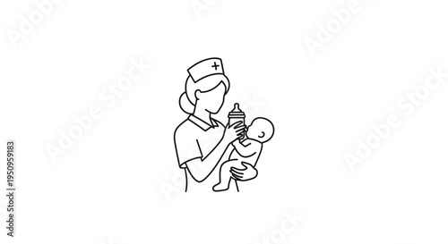 Nurse feeding baby with bottle, line art illustration, healthcare concept