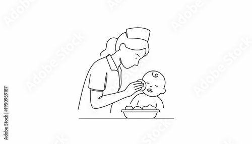 Nurse Cleaning Baby Face with Cotton Pad, Healthcare and Childcare Concept