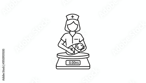 Nurse weighing newborn baby on digital scale, healthcare, medical checkup, infant care icon