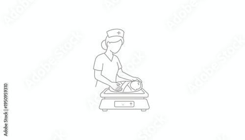 Nurse weighing newborn baby on digital scale, medical checkup, healthcare concept