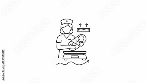 Nurse weighing newborn baby on scale, growth chart in background, healthcare concept