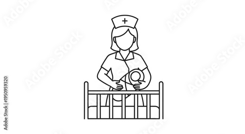 Nurse with Baby in Crib - Healthcare, Newborn Care, Pediatric Medicine Icon