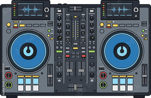 A professional digital audio mixing console and control panel interface featuring stereo volume buttons and electronic equipment design for a modern radio DJ or music studio web UI