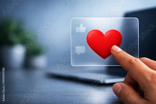 Hand touching screen with red heart and social media finger