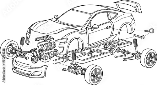 Exploded view line art vector of car chassis, engine and auto parts