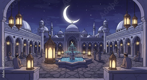 Serene islamic architecture courtyard at night with crescent moon and lanterns