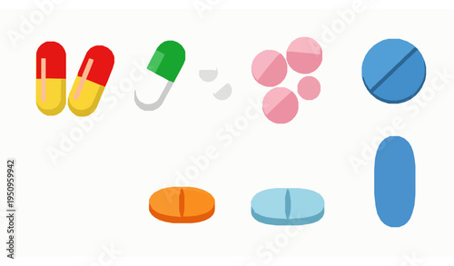 Accorted Pharmaceutical Pills Capsules and Tablets Vector Medical Illustration