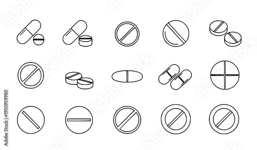 Minimal Pill Capsule Icons Grid Medical Vector Set Isolated on White