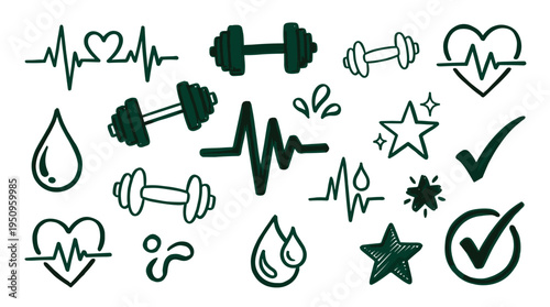 Hand Drawn Fitness and Healthy Lifestyle Icons Set