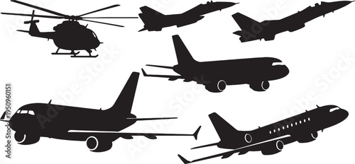Collection of various aircraft silhouettes in black and white