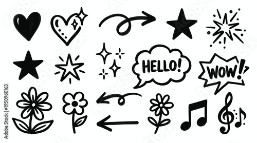 Hand drawn doodle set with hearts stars arrows flowers and speech bubbles